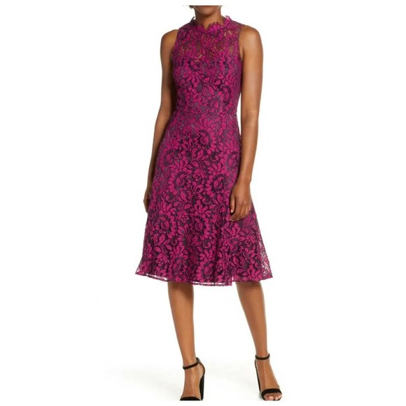Eliza J Plum Floral Lace Scallop Fringe Neck Dress